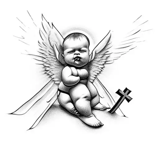 Chubby Baby Angel Hugging Giant Cross