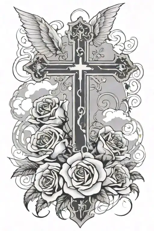 Roses With A Cross With Angle Like Clouds