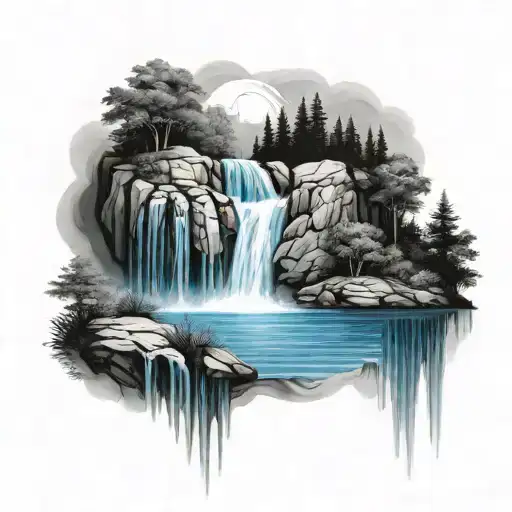 A Serene Landscape Of A Blue Waterfall Cascading Into A Peaceful Lake