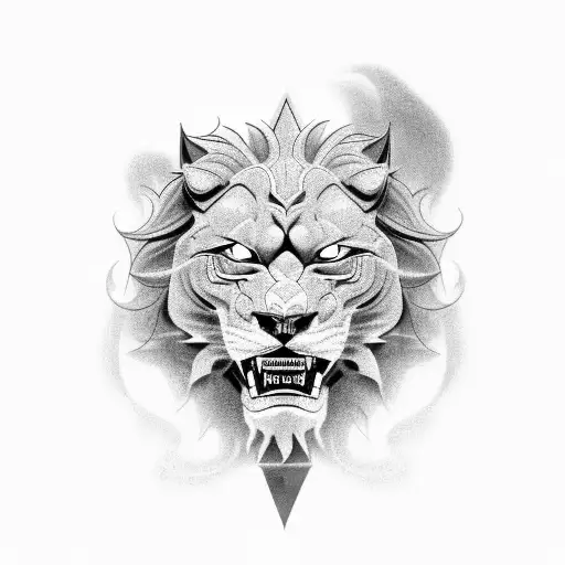An Intricate Black And Grey Tattoo Of A Motorcycle With A Roaring Lion's Head As The Engine