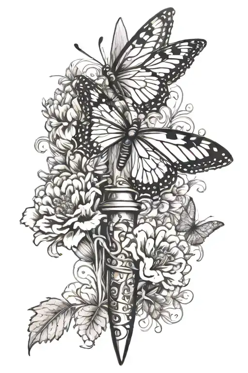 Dagger Facing Up With Marigold Growing And Butterflies Flying Around