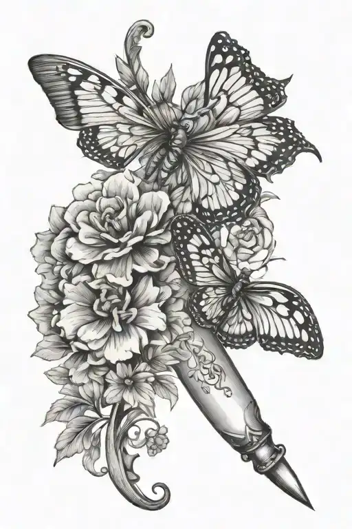 Dagger With Marigolds Grow Flowers And Butterflies