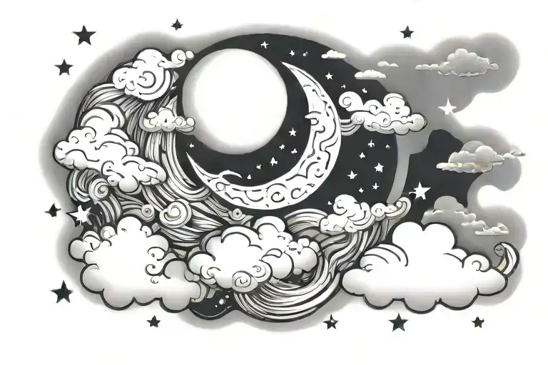 Moon And Stars In Clouds Floating