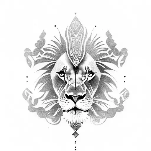 A Lion In Polynesian Tribal Style Surrounded By Elements Of Polynesian Culture