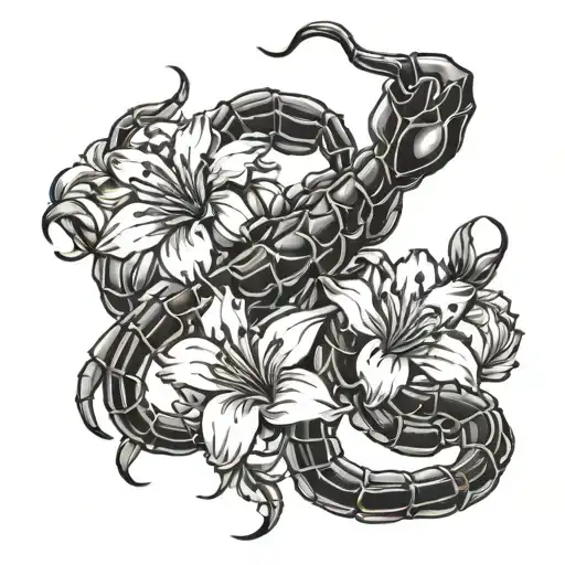 Scorpion Intertwined With Blooming Flowers