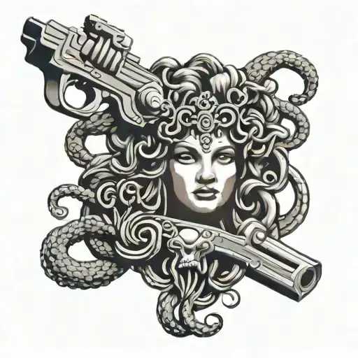 Medusa Head With Gun Surrounded
