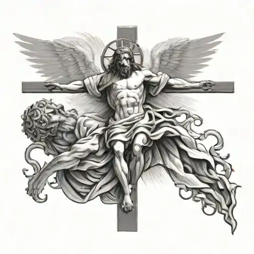 Jesus On The Crucifix Above Saint Michael In A Black-grey Style