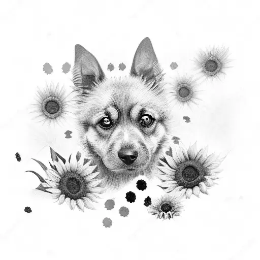 A Black And Grey Tattoo Of A Dog Sitting In A Field Of Sunflowers