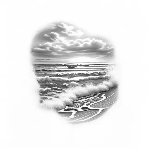 A Tattoo Of A Beach Scene With Black-grey Shading And Realistic Waves