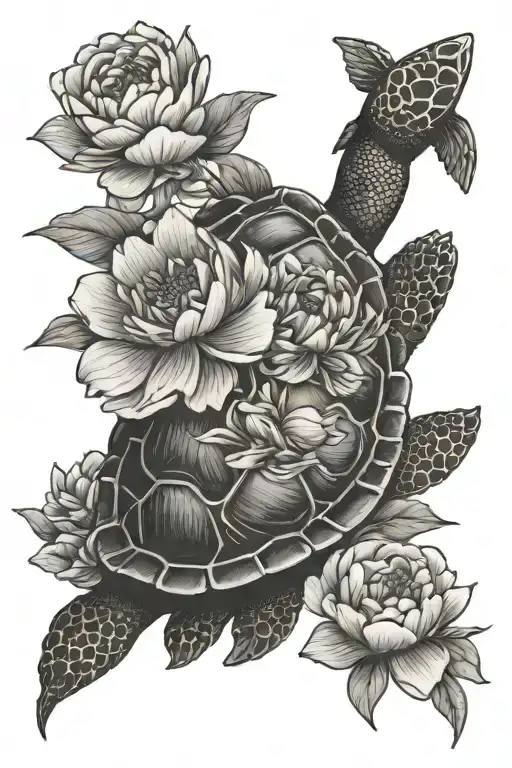 Turtle And Peony Flowers