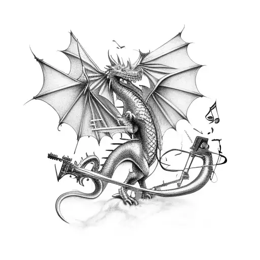 A Graffiti-inspired Design Of A Dragon Surrounded By Musical Instruments