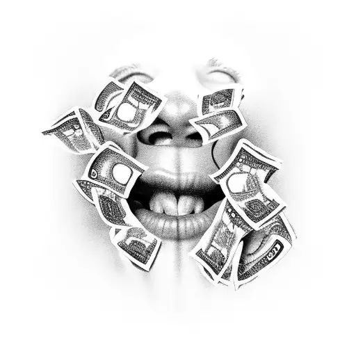A Realistic Black And Grey Tattoo Of A Mouth Full Of Money