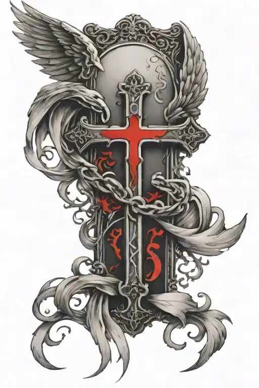 A Cross And Something To Symbolize Family And Red Text And Angel Wings