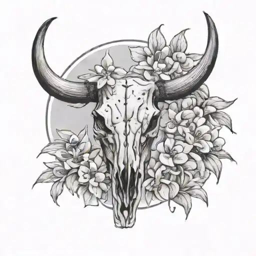 Bull Skull Above Full Moon Hawthorn Flowers Lilly Of The Valley