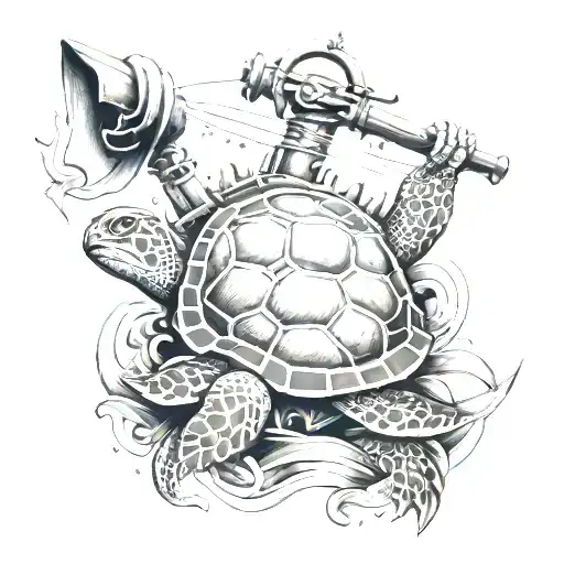 Sea Turtle With Fouled Anchor And Crossed Cannons In Background