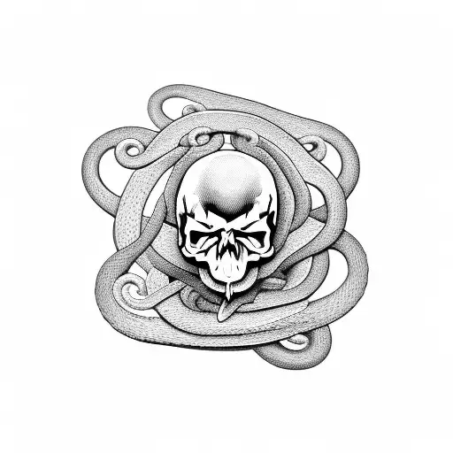 A Detailed Illustration Of A Snake Coiled Around A Skull