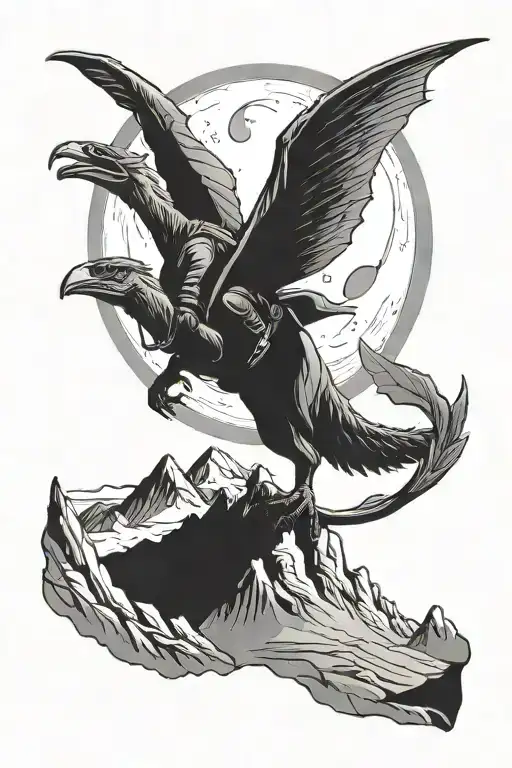 Hiker Climbing A Mountain With Pterodactyl Flying In Moonlight
