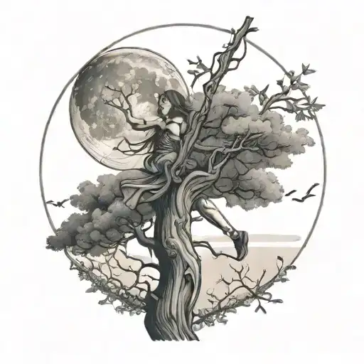 Girl Swinging On Tree In Forest With Full Moon
