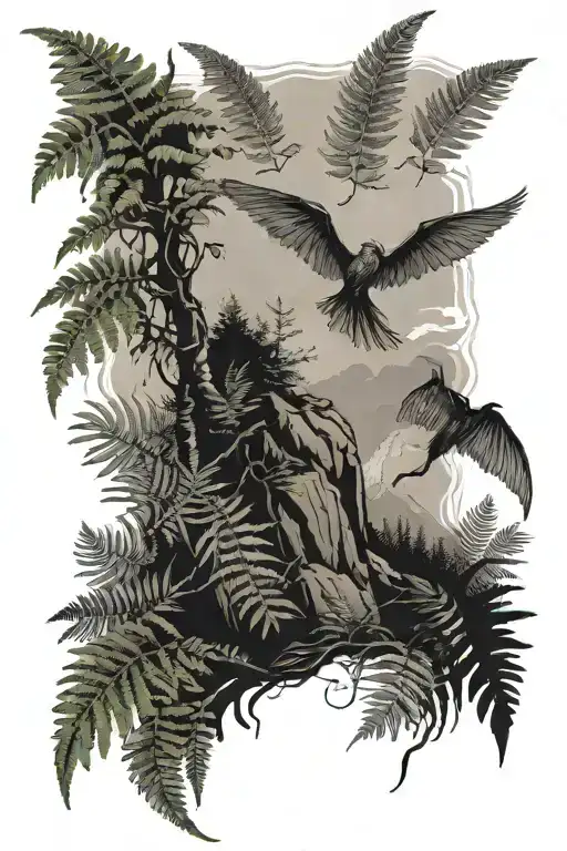Ferns With Hiker Climbing A Mountain And Pterodactyl Flying