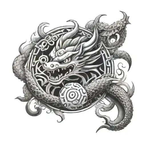 A Black-grey Tattoo Of A Dragon Ball Surrounded By Mexican Cultural Symbols