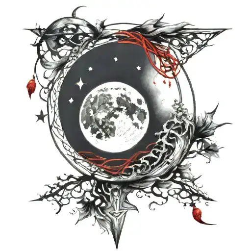 Moon With The Red Thread Of Fate Around It