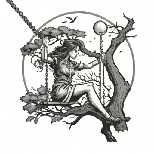 Girl On Swing In Tree In The Dark Forest With Full Moon Surrounded