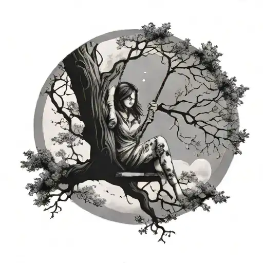 Girl On Swing In Tree In Forest With Full Moon Surrounded