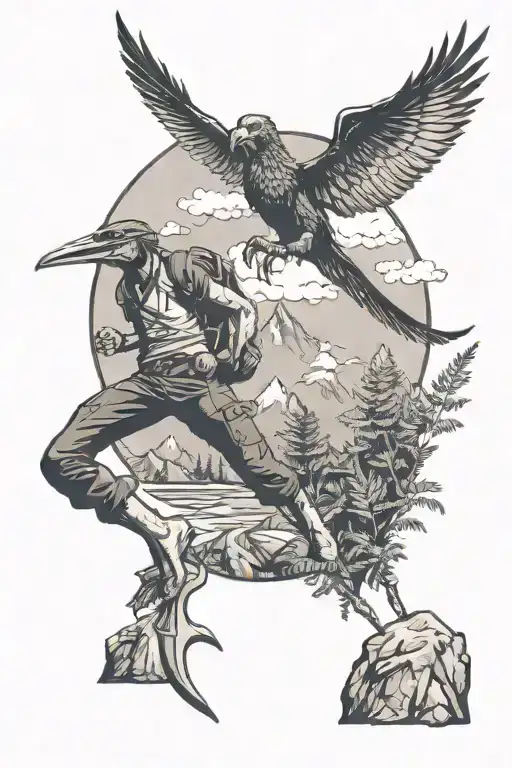 Hiker Climbing A Mountain With Pterodactyl Flying And Ferns
