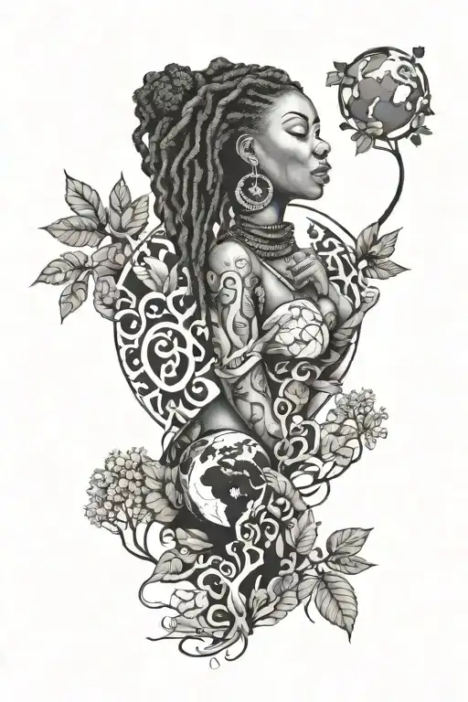 A Afrocentric Woman With Locs Holding The Earth Surrounded By Nature Elements Like Trees And Leaves