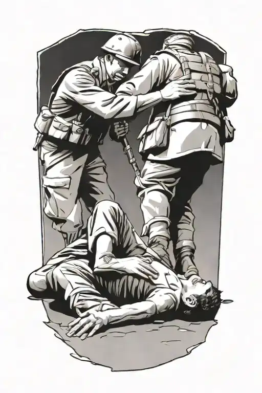 1 Soldier Standing Over A Wounded Comrade Laying On The Ground