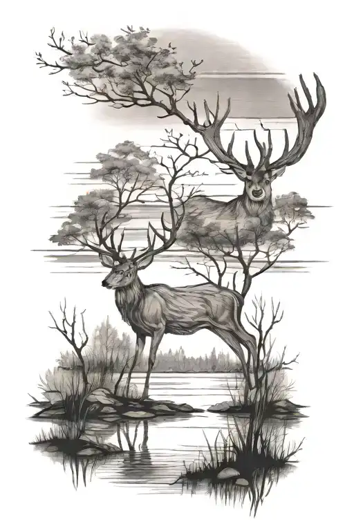 Back Of Faded Out Deer Above A Lake