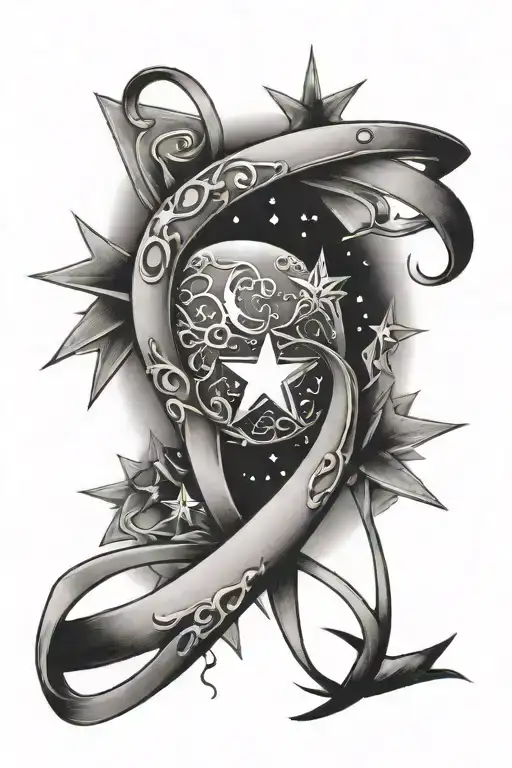 Moon And Stars With Breast Cancer Ribbon Intertwined