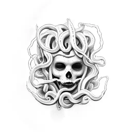A Tattoo Of Medusa In A Black Grunge Vintage Style