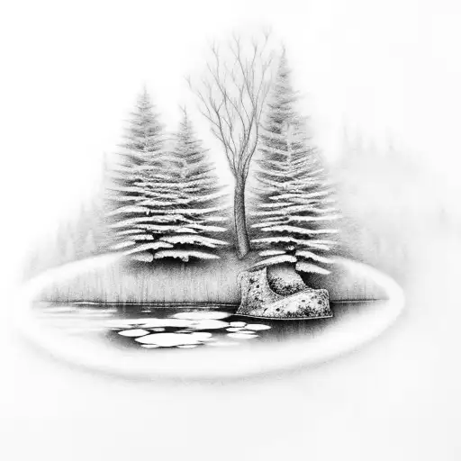 A Black-grey Tattoo Of A Serene Forest Scene With A Hidden Waterfall Flowing Into A Peaceful Pond