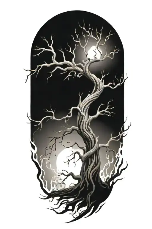 Twisted Tree With Sprawling Branches On Fire Flames