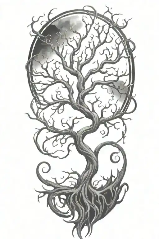 Twisted Tree With Sprawling Branches On Fire Flames And Roots