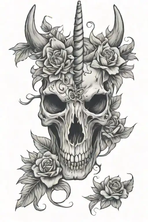 Unicorn Skull Flower Grey Tattoo Design