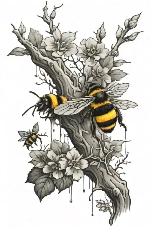 Deep Rooted Tree Next To A Brook Of Water With A Bumblebee Flying Through