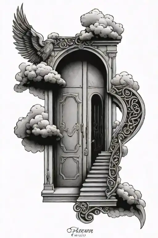 Heaven Doors With Stairs And Clouds Forming The Shape Including Numbers 39 And 24 Between The Doors