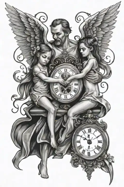 Clocks With Two Daughters On Father And One Baby Angel