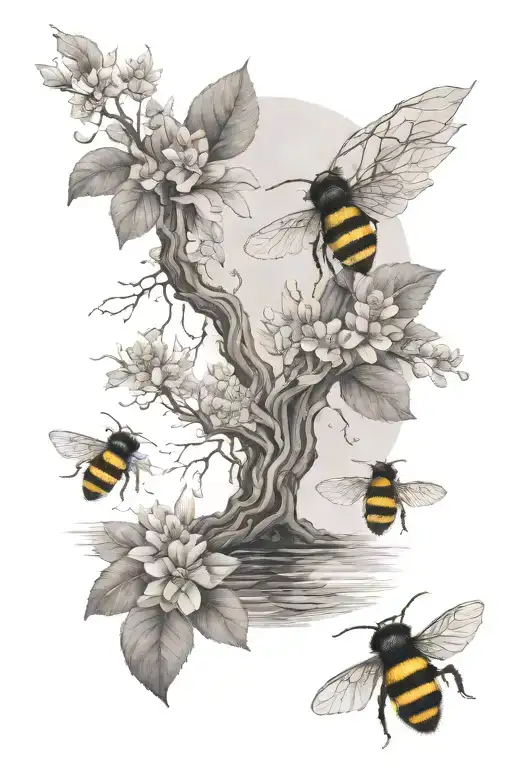 Deep Rooted Tree Next To A Brook Of Water With A Bumblebee Flying Through