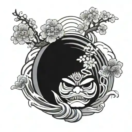 Japan Shrine Daruma Doll Cherry Blossom And Ocean Wave