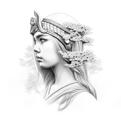 A Realistic Black And Grey Portrait Of Athena Surrounded By Delicate Cherry Blossoms