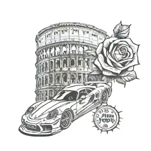 The Colloseum On Upper Foresrm With A Porsche And A Rose On The Wrist
