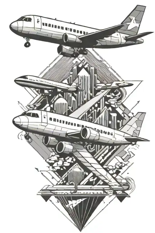 Modern Geometric Line Tattoo With Aeroplane And Dotted Design