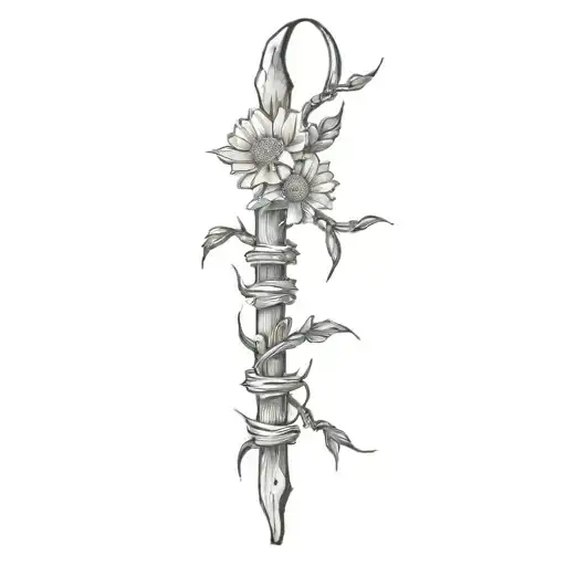 Barbwire Intertwined With Daisies And Indian Paint Brush