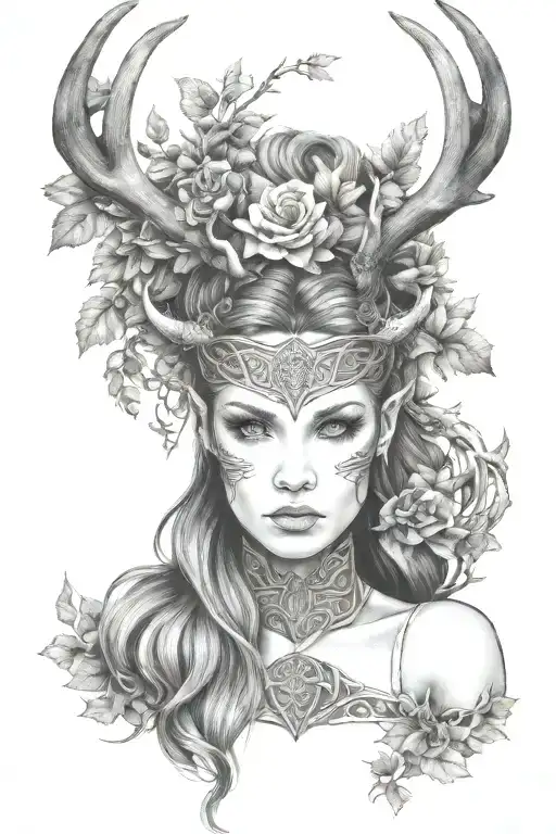 Celtic Woman In Forest With Antlers And Elf Ears