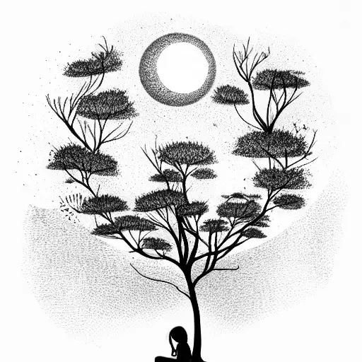 Girl Sitting Under Tree With The Moon Above