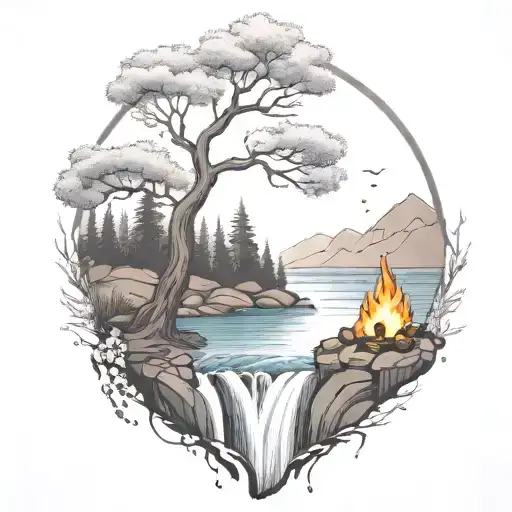 A River With A Campfire And A Berry Tree Beside It Waterfalls Down The Front