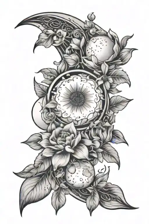 Moon In A Card With Flowers Intertwined